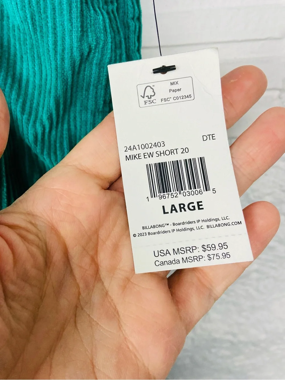 NWT Billabong Teal Athletic Corduroy cotton Drawstring Shorts size large